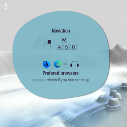 In-world navigation guide showing WASD controls and preferred browsers