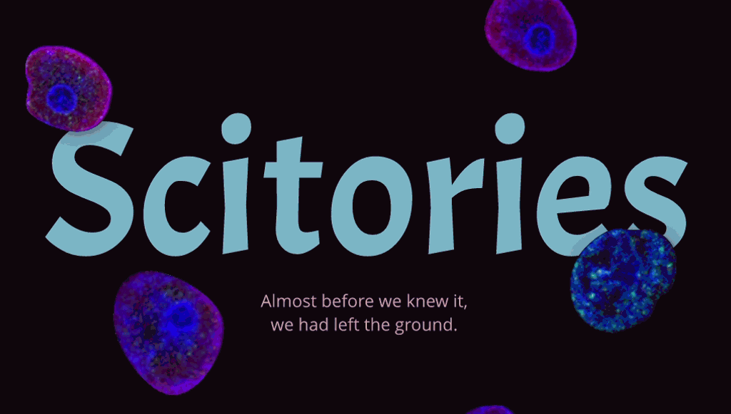 Scitories landing page — animated title treatment