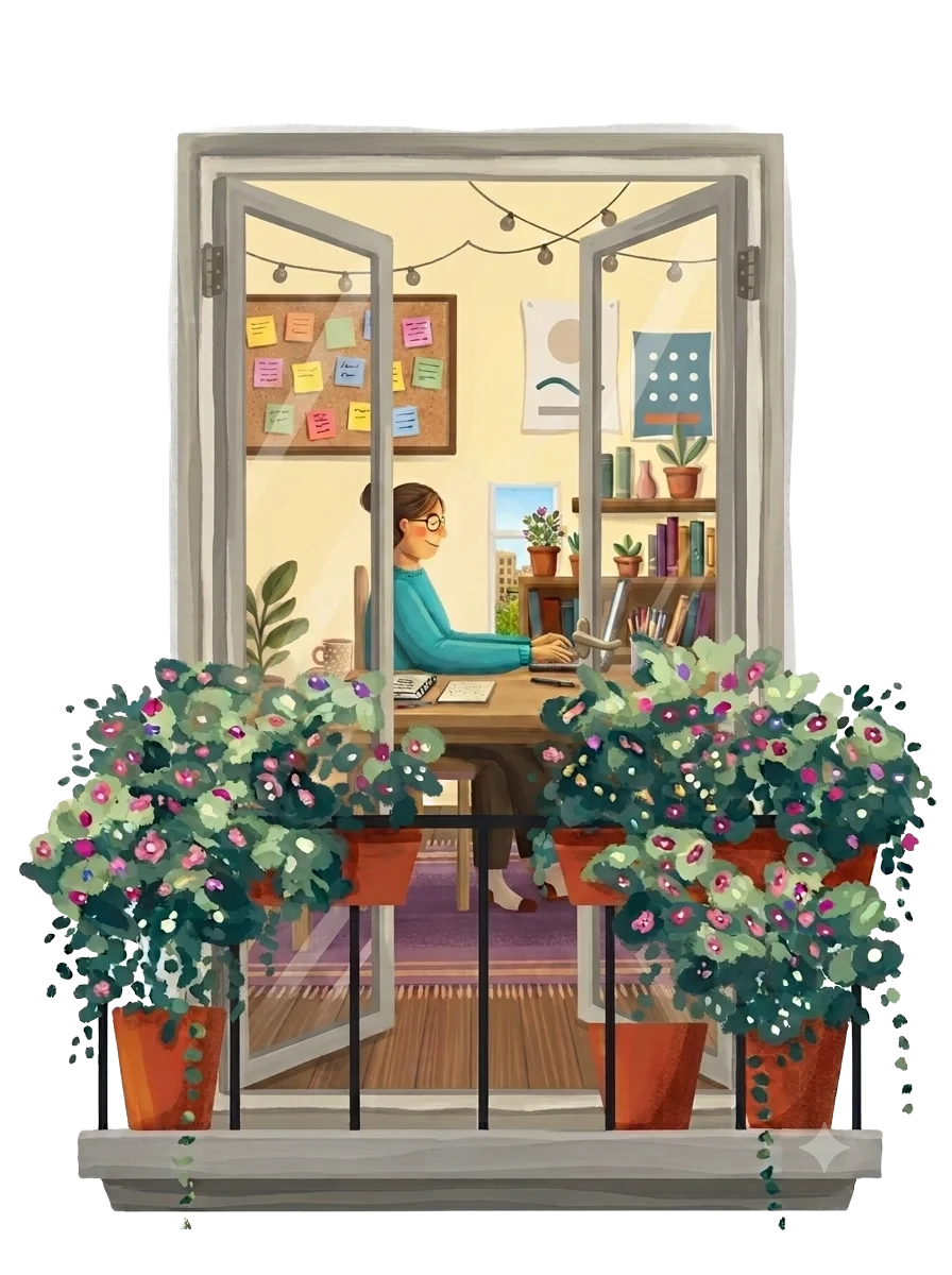 Painted illustration looking through open French doors into a designer's studio — a woman works on her laptop at a desk, walls covered in post-it notes and posters — framed by a balcony railing and terracotta pots overflowing with flowers